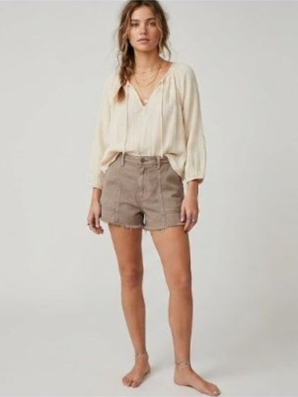 Free People Easy Goes It Boho Festival Sz 10 Shorts Beige Frayed Hem - Picture 2 of 12